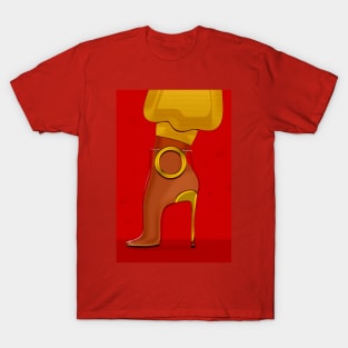 Golden and transparent high heel shoe on red T-Shirt